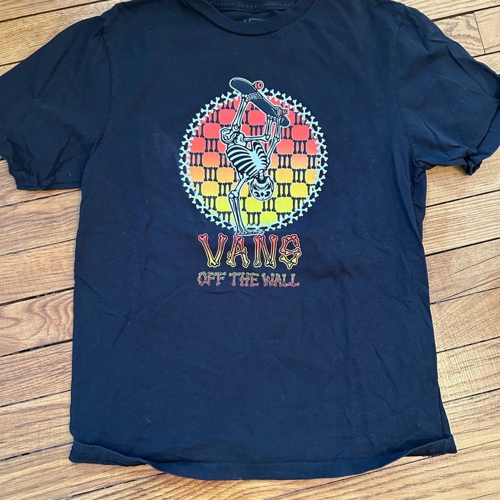 Vans Black Tee with Skeleton and Checkerboard Design